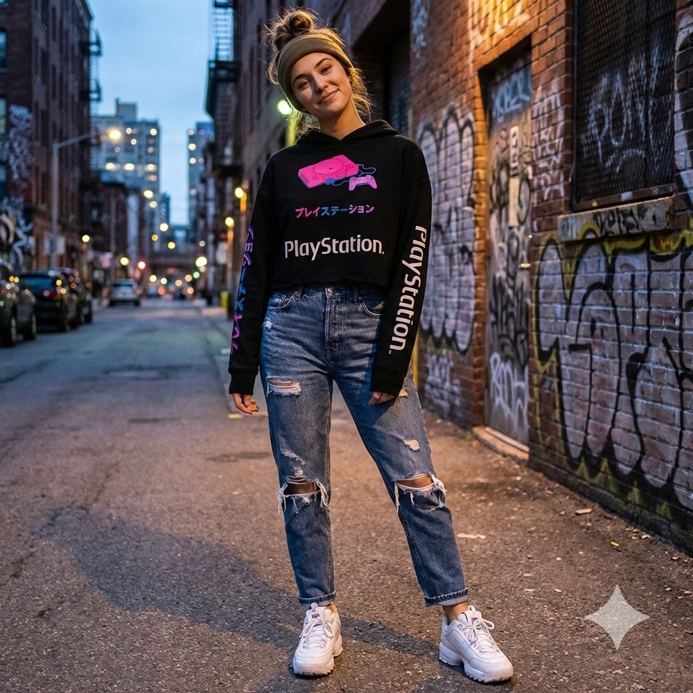 PlayStation Retro Graphic Hoodie – Iconic Pink Console Design & Katakana (M)